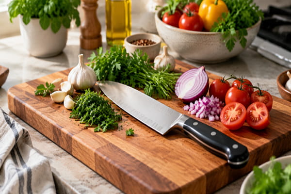 Chef knife placed on a wooden cutting board with fresh vegetables in a modern kitchen