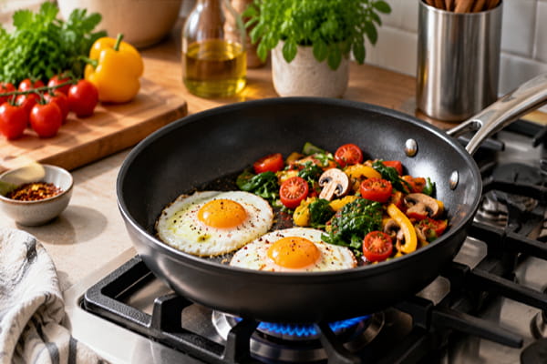 Nonstick skillet cooking eggs and vegetables on a modern stovetop