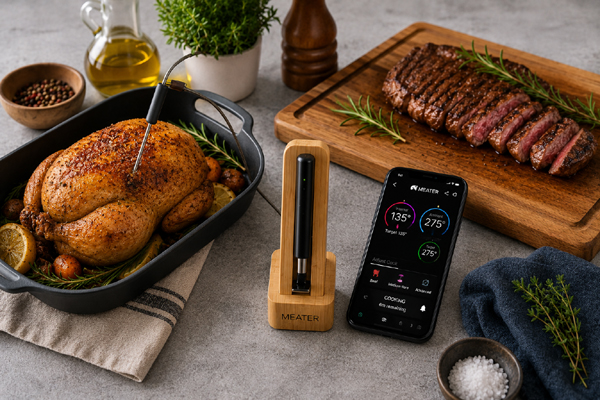 Smart meat thermometer checking roast chicken and sliced steak