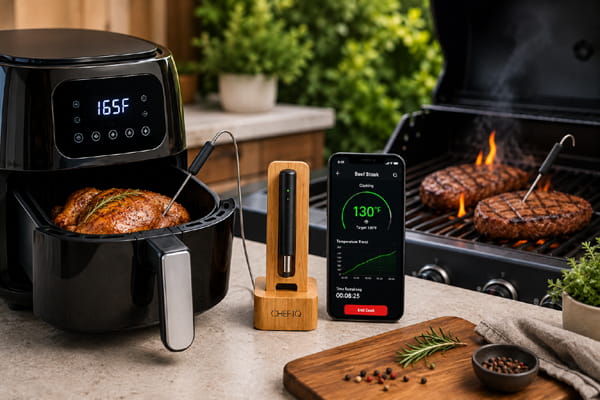 Wireless meat thermometer monitoring air fryer chicken and grilled steak