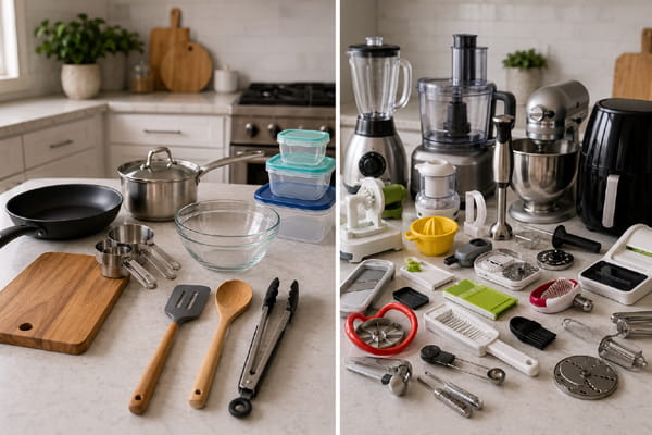 Useful beginner kitchen tools placed beside cluttered single-use kitchen gadgets