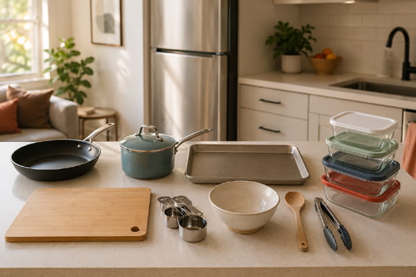 Essential kitchen tools for beginners arranged in a clean first apartment kitchen