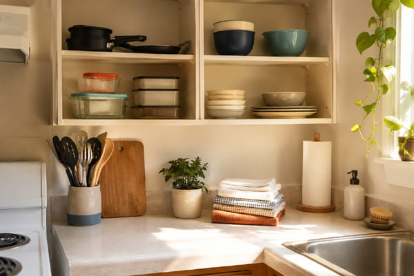 First apartment kitchen essentials stored neatly in a small kitchen cabinet