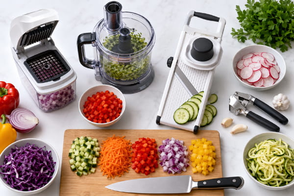Time-saving meal prep tools with fresh chopped vegetables.