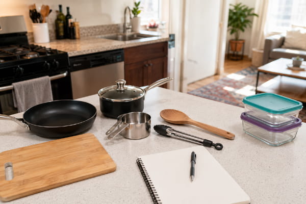 Beginner kitchen tools with a blank notebook for planning what to buy next