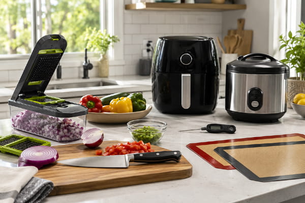 Kitchen gadgets that save time arranged on a modern kitchen counter.