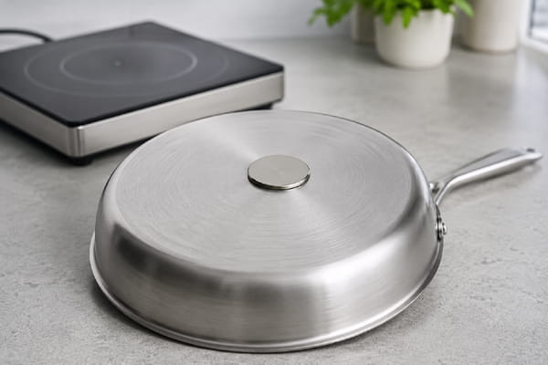 Magnet attached to induction-compatible stainless-steel cookware