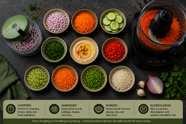 Chopped, sliced, shredded, and pureed foods prepared with a vegetable chopper and food processor