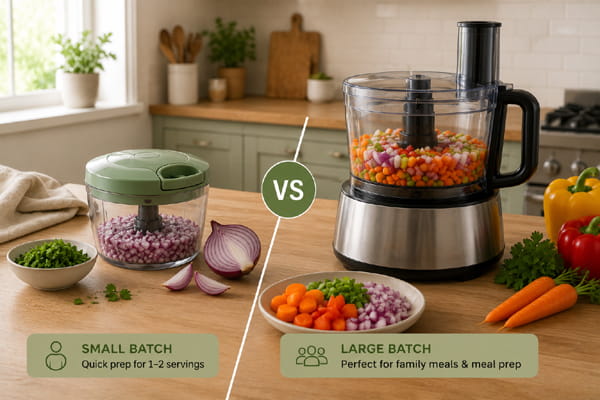 Small vegetable chopper and large food processor showing different batch sizes
