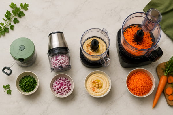 Manual vegetable chopper, electric food chopper, mini processor, and full-size food processor with prepared ingredients
