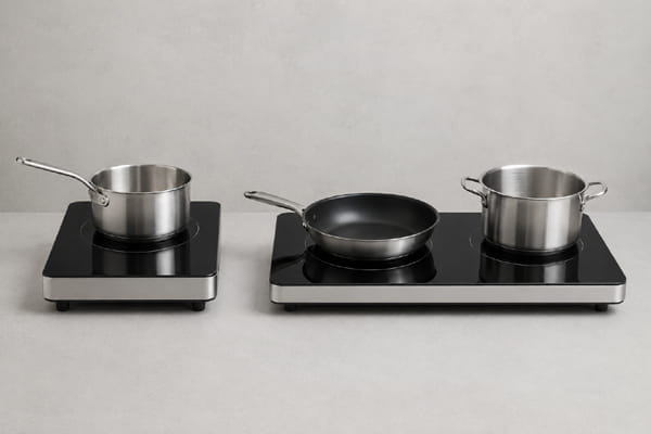 Single and double portable induction cooktops compared side by side