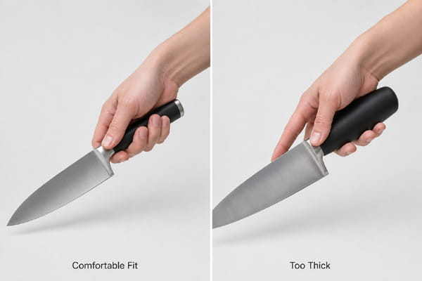 Comfortable chef knife handle compared with an overly thick handle
