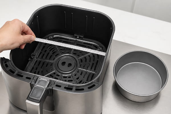 Measuring the inside width of an air fryer basket before choosing accessories