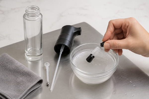 Oil sprayer nozzle and pickup tube being cleaned with warm soapy water