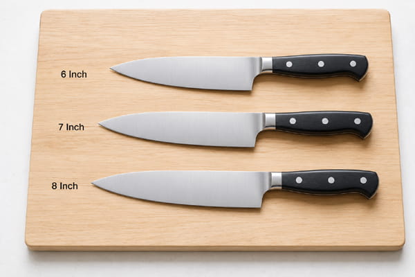 Six-inch, seven-inch, and eight-inch chef knife blade comparison