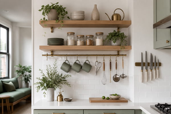 Vertical wall storage in a tiny kitchen with shelves and hanging utensils
