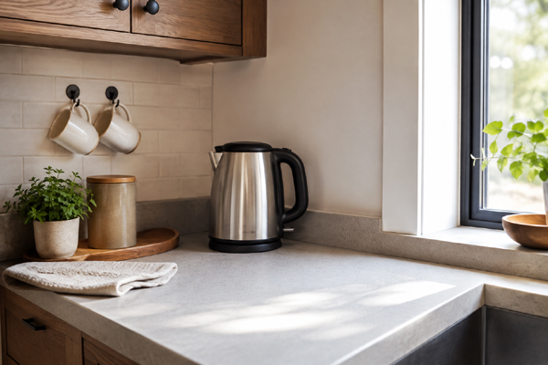 Compact electric kettle in a small kitchen beverage corner