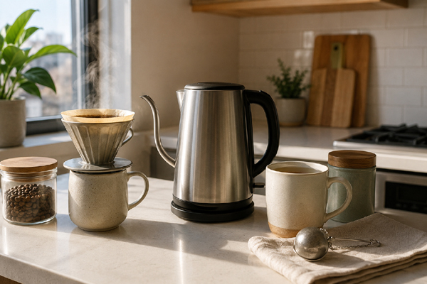 Compact electric kettle with tea and pour-over coffee setup