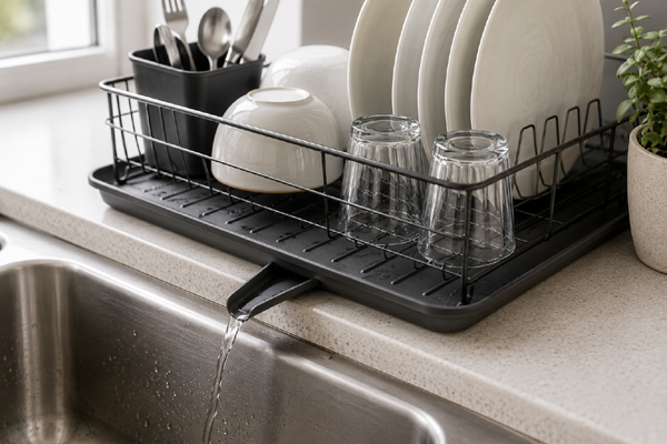 Dish rack drain spout directing water into a kitchen sink