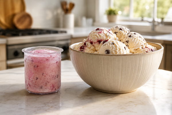 Personal frozen dessert pint beside a larger family-size batch
