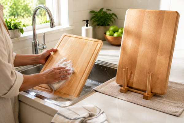 Wooden cutting board being hand-washed and dried upright