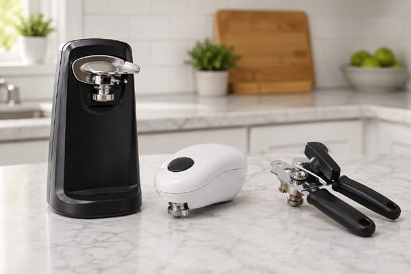 Electric, automatic handheld, and manual can openers for weak hands
