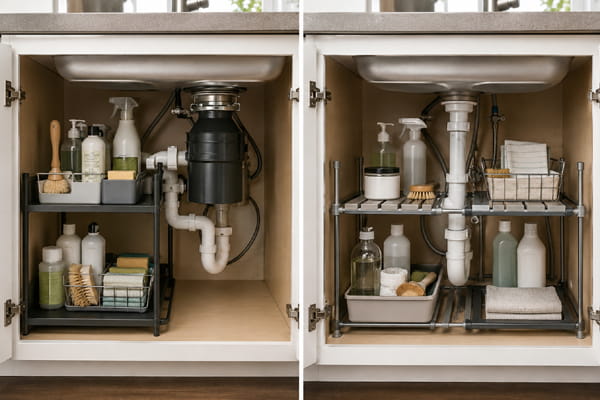 L-shaped and expandable under-sink organizers fitting around different pipe layouts