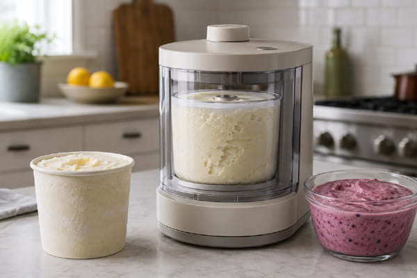 Frozen pint beside a compact CREAMi-style dessert processor