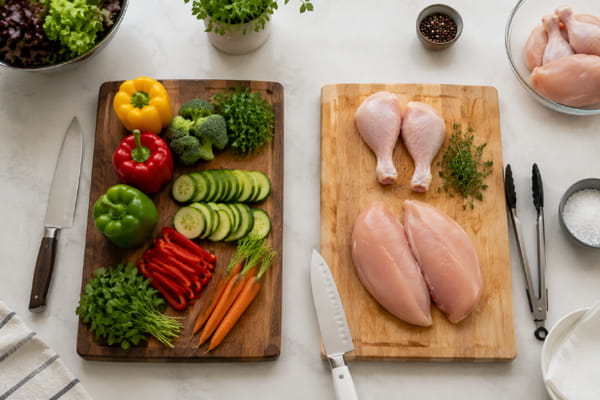 Separate cutting boards used for vegetables and raw poultry