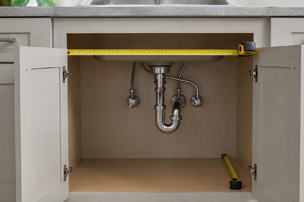 Measuring an under-sink cabinet around pipes before choosing an organizer