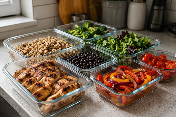 Chicken, quinoa, beans, and vegetables prepared for healthy weekday lunches