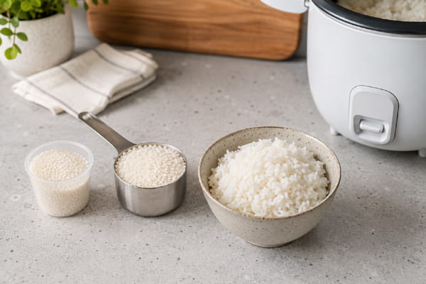 Compact rice cooker on a small apartment kitchen counter