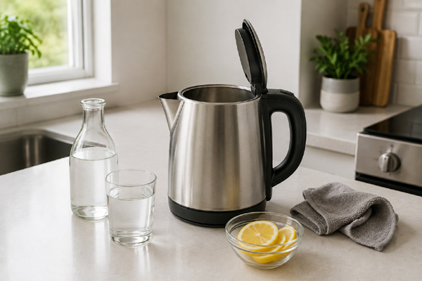 Compact electric kettle with vinegar and water for descaling