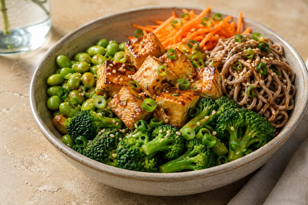 Tofu, edamame, broccoli, carrots, and soba noodles in a vegetarian lunch bowl