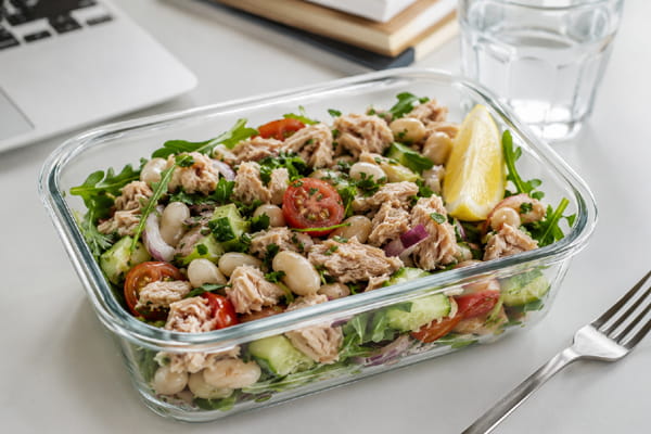 Tuna and white bean Mediterranean salad packed for a no-cook work lunch