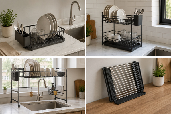 Compact vertical over-the-sink and fold-flat dish rack styles