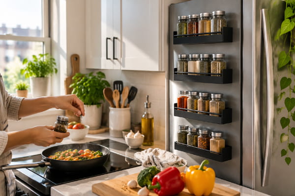 Magnetic spice rack on refrigerator side in a small kitchen while cooking