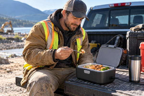 Office worker using a heated lunch box for a warm meal