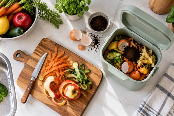 Kitchen food scraps collected in a countertop compost bin beside a cutting board