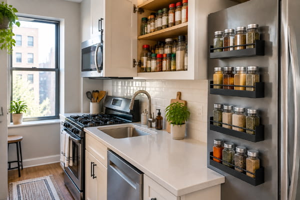 Small apartment kitchen using magnetic refrigerator spice storage