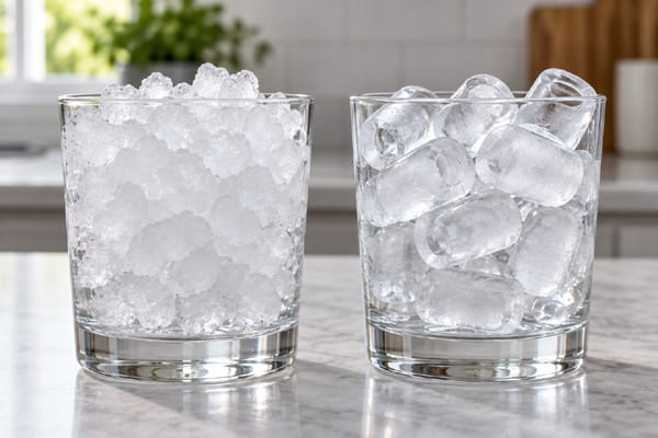 Nugget ice and bullet ice shown side by side