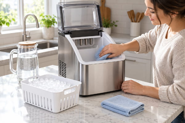 Cleaning a countertop nugget ice maker and removable ice basket